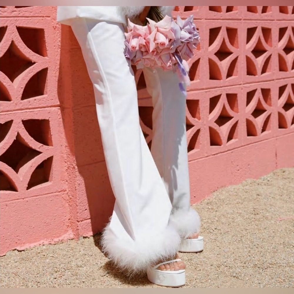 Nasty Gal 18, Plus sized, white feather cuffed pants, holidays, night out, corky